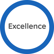 Blue circle with the word "Excellence" inside.